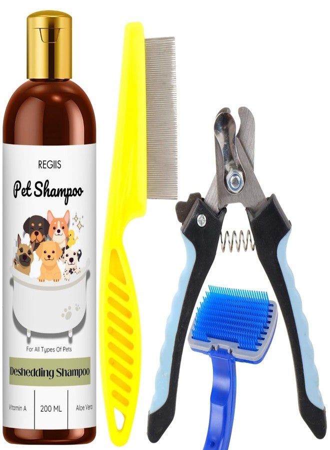 REGIIS Pet Grooming Kit, Deshedding Shampoo with Vitamin A and Aloe Vera, 200 ML, Includes Flea Comb, Nail Clipper, Self-Cleaning Brush for Dogs and Cats - Image 1